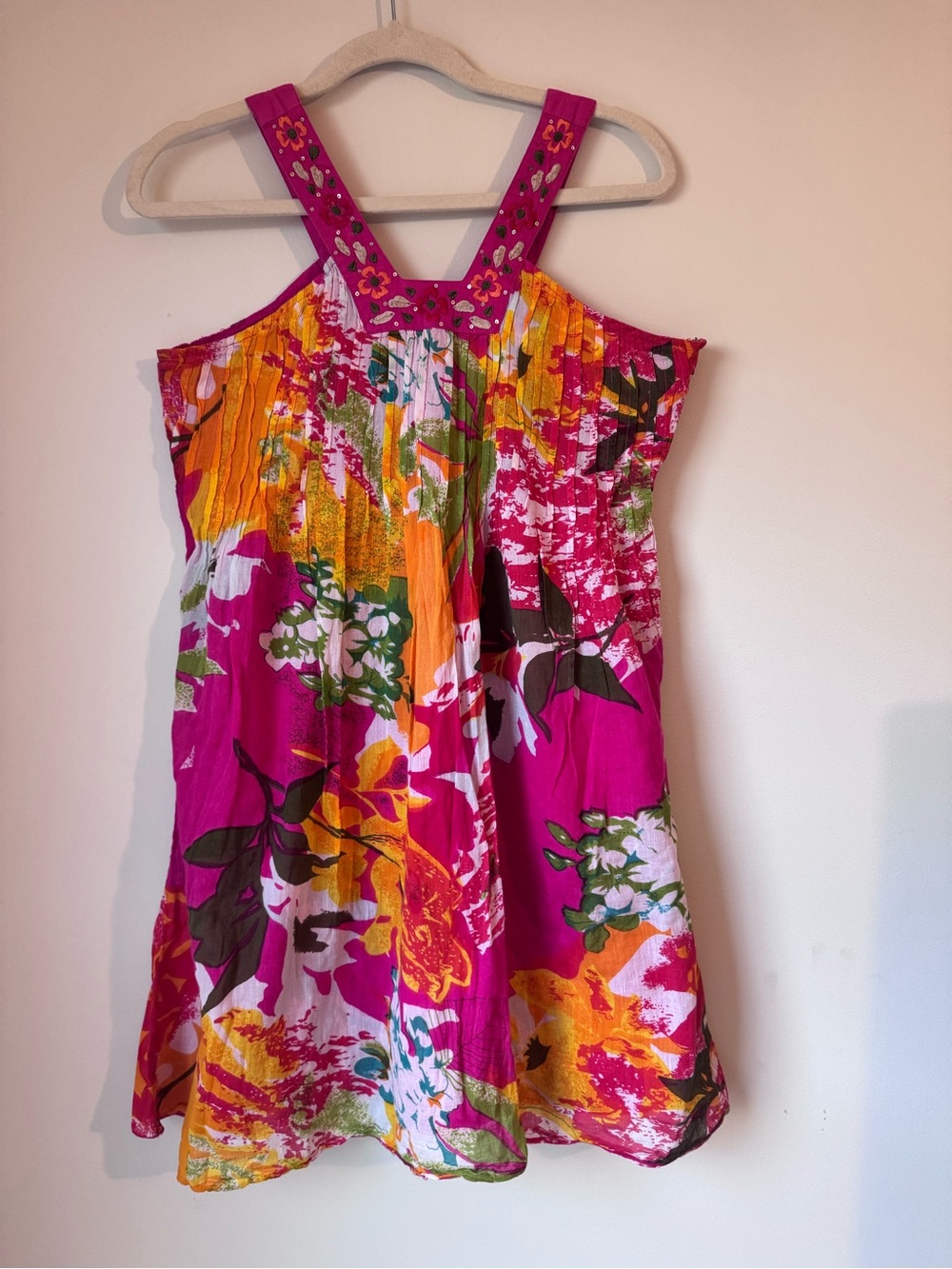Bright bohemian beach Pink Floral Mini Resort wear Dress /%100 cotton - Picture 3 of 14